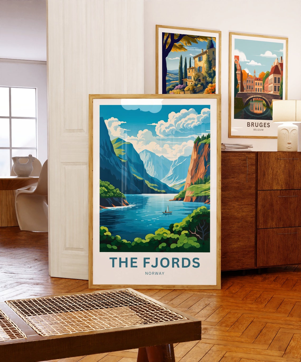 The Fjords Norway Sailboat Calm Blue Inlet Mountain Travel Poster - Image 5