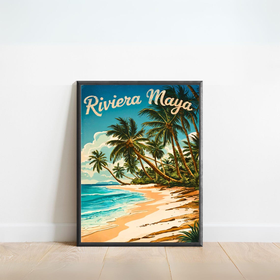Riviera Maya Vintage Palm Grove Beach Mexico Coastal Travel Poster