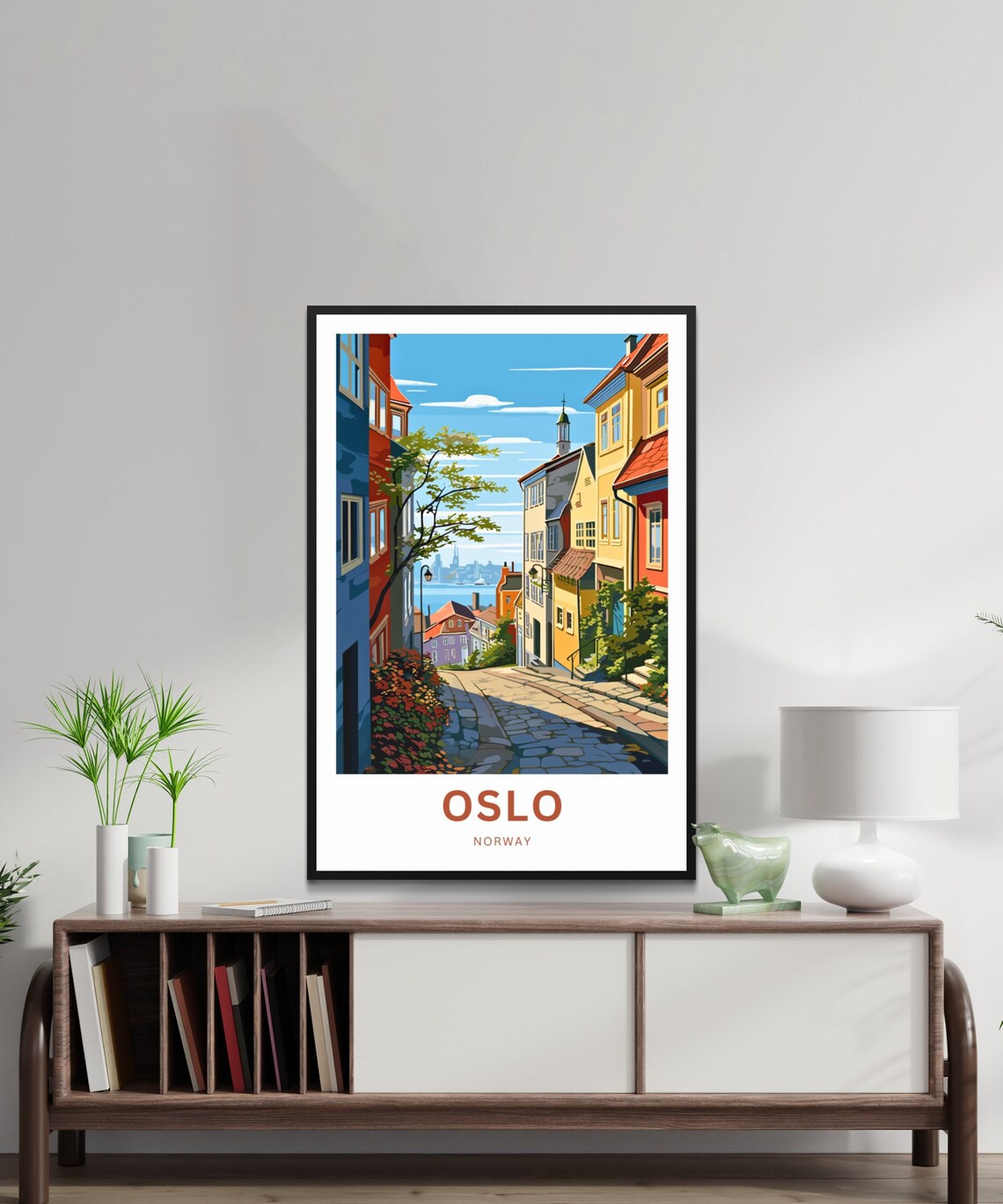 Oslo Norway Cobblestone Street Harbor View Vintage Travel Poster - Image 2