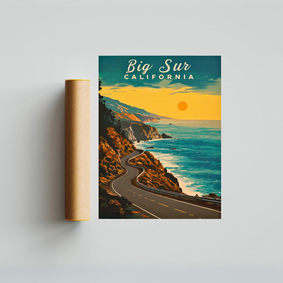 Big Sur California Vintage Coastal Highway Golden Sunset Poster - Image 3