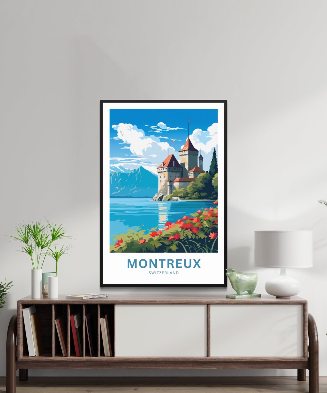 Montreux Switzerland Lakeside Castle Red Flowers Custom Travel Poster - Image 3