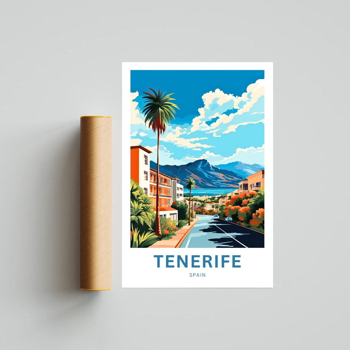 Tenerife Spain Palm Lined Street Mountain Coast Town Scene Poster - Image 4