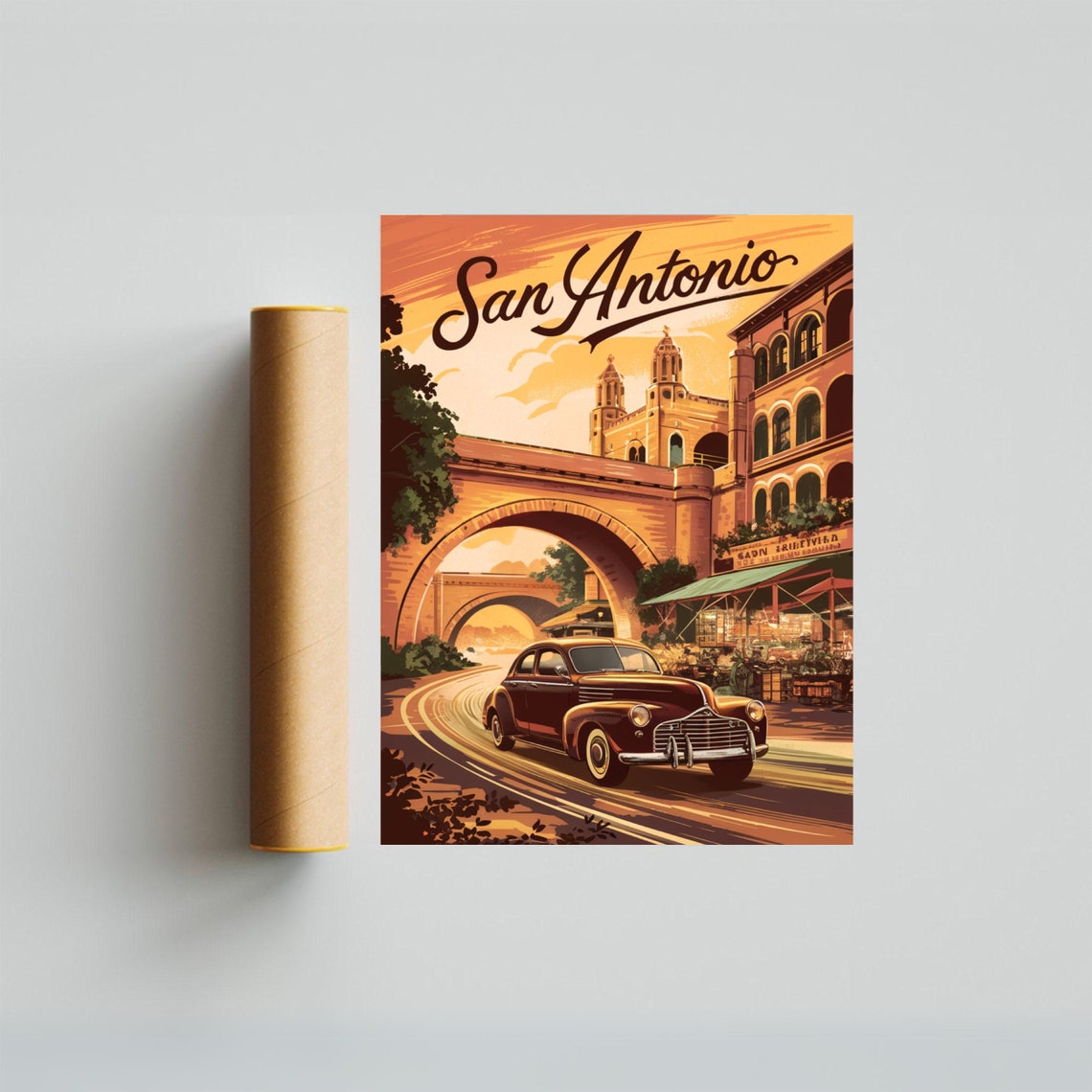 San Antonio Texas Vintage Classic Car Stone Bridge Travel Poster - Image 4