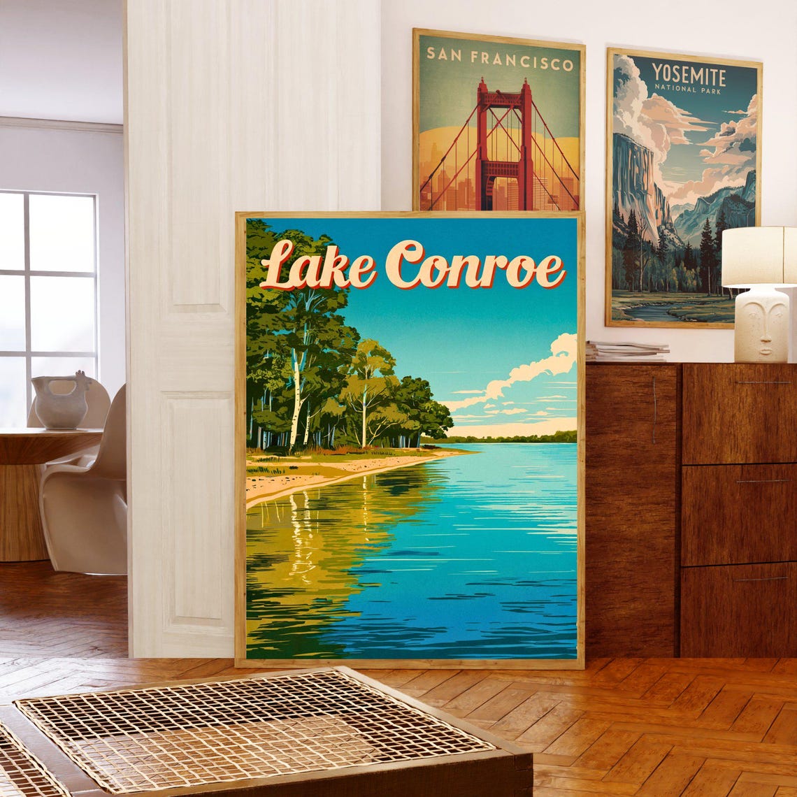 Lake Conroe Texas Travel Poster Pine Shoreline Reflection Lake Art - Image 5