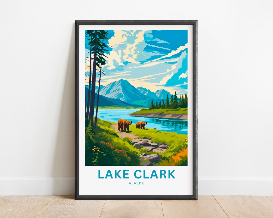 Lake Clark Alaska Brown Bears River Valley Wildlife Travel Poster