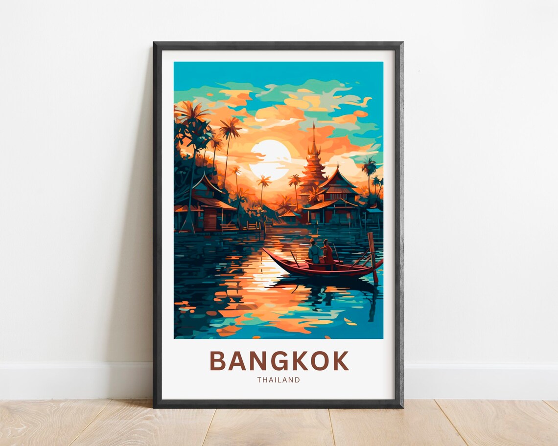 Bangkok Thailand Sunset River Boat and Temples Golden Travel Poster
