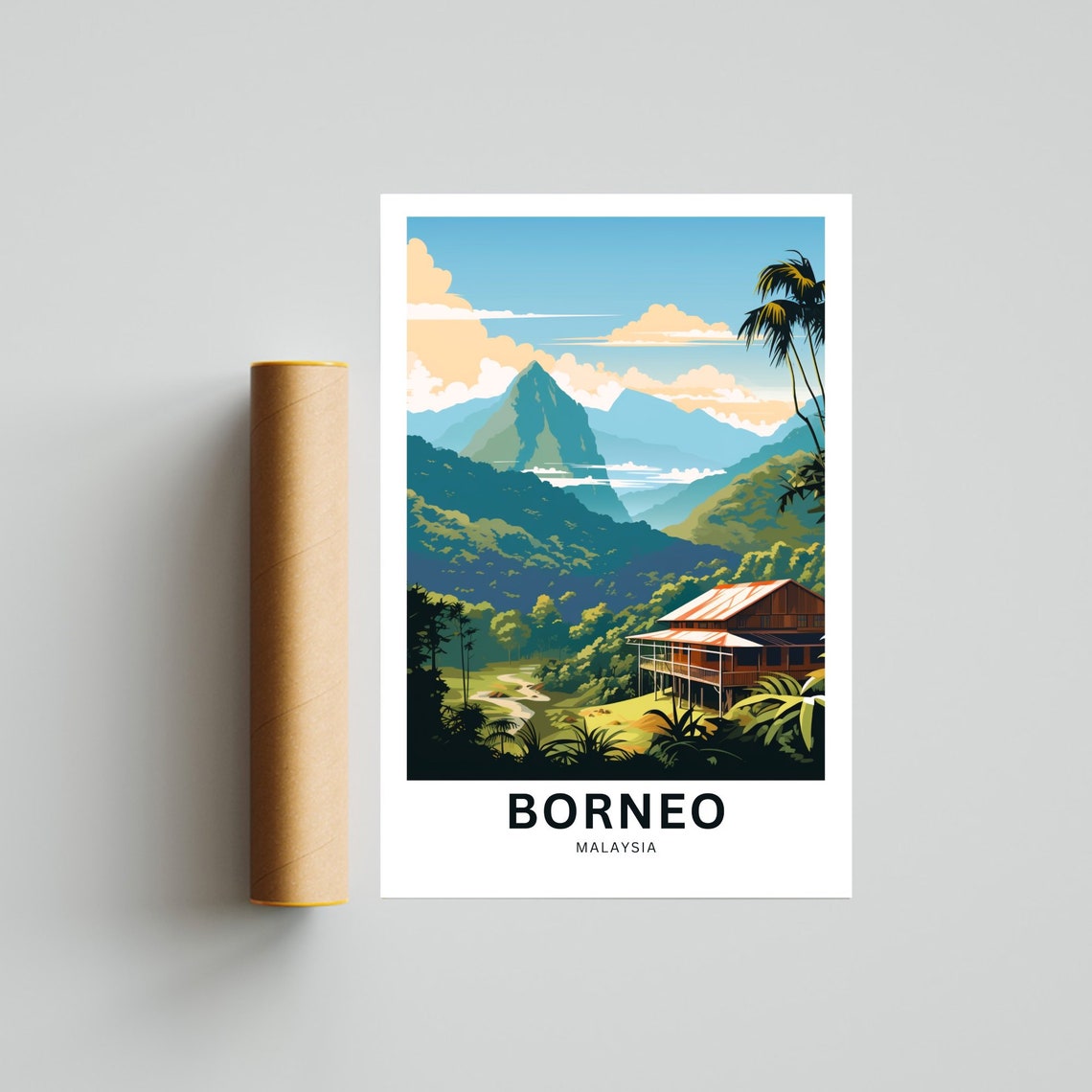 Borneo Malaysia Rainforest Longhouse Personalized Travel Poster - Image 4