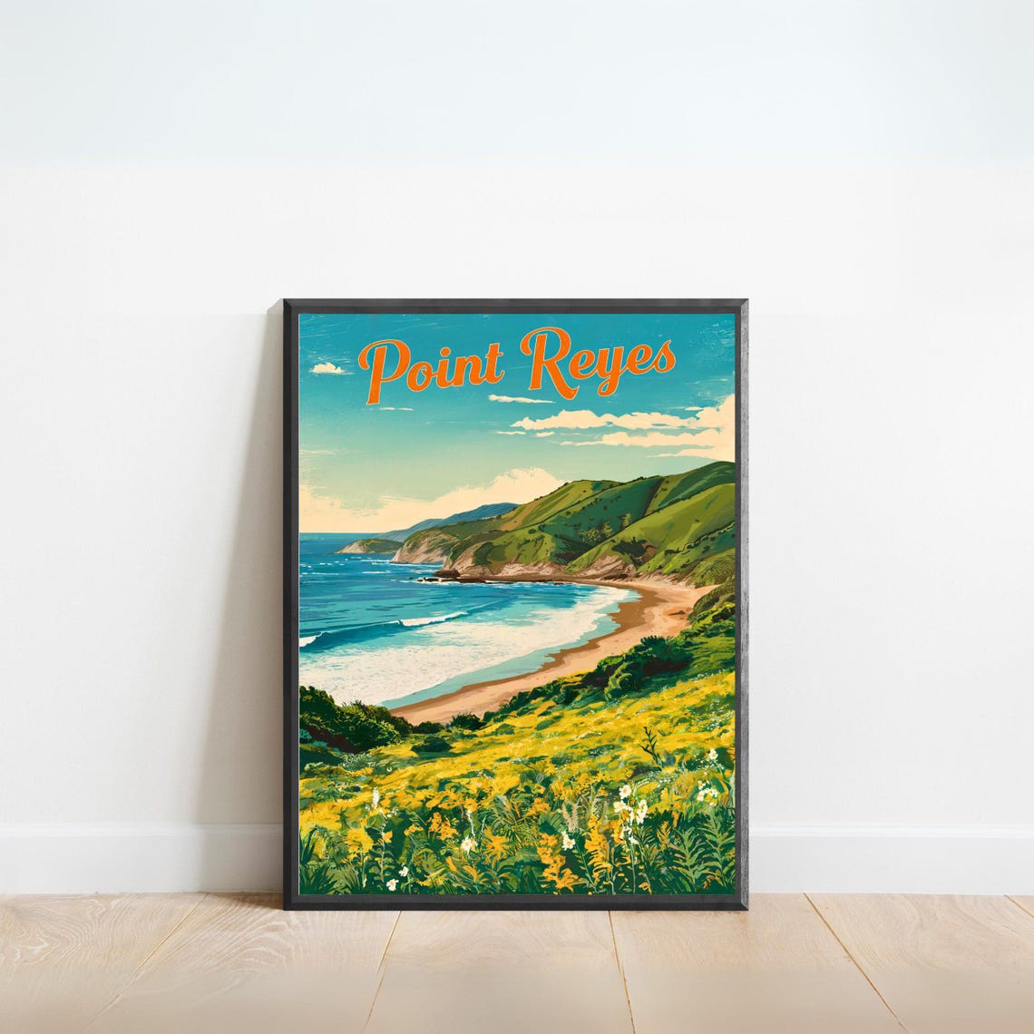Point Reyes California Vintage Coast Poster Cliffs Wildflower Meadow