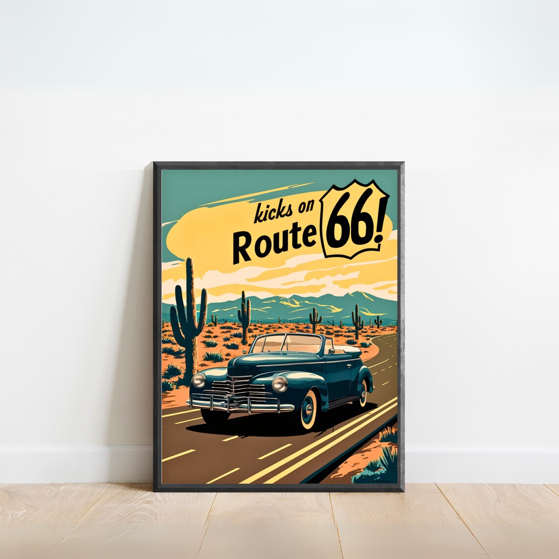 Kicks on Route 66 Desert Highway Classic Car Vintage Travel Poster