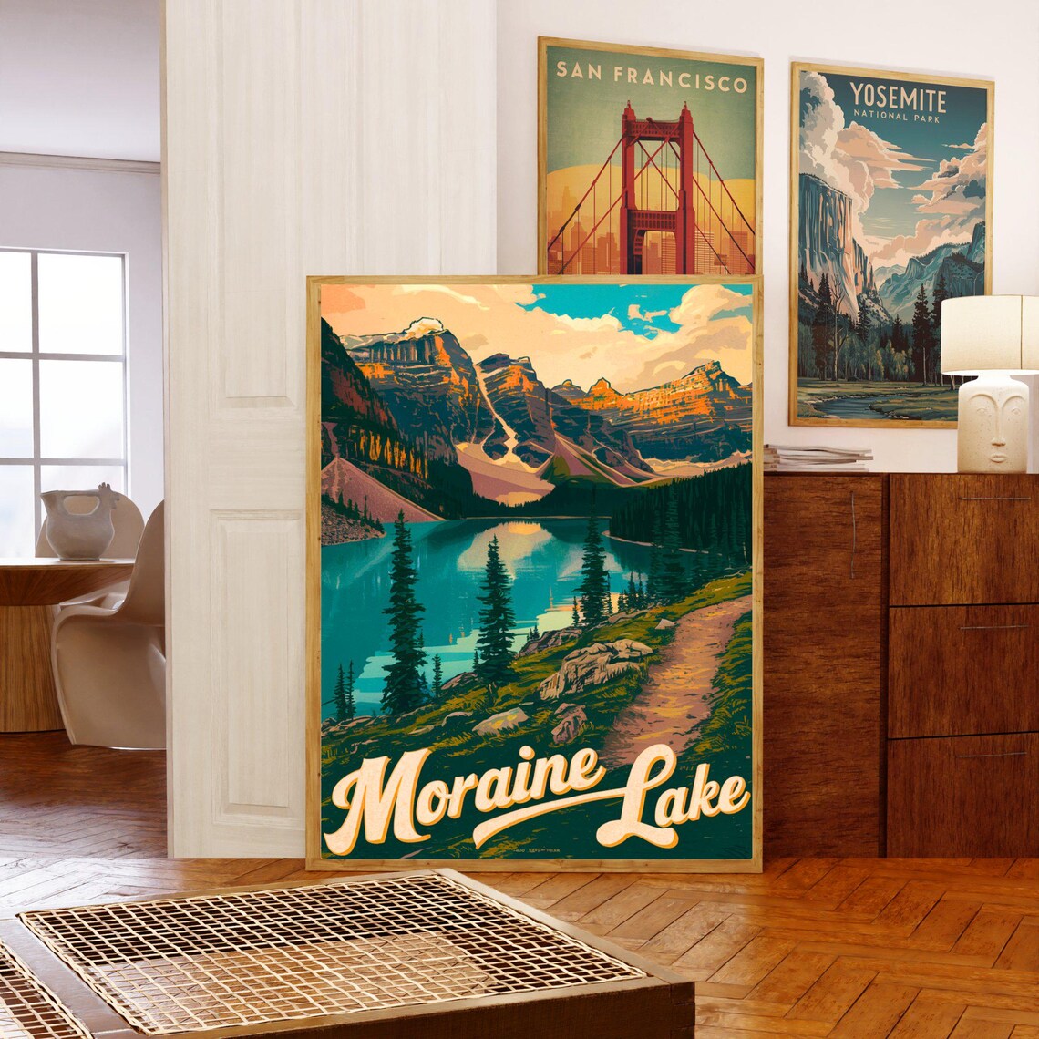 Moraine Lake Vintage Turquoise Rocky Peak Travel View Poster - Image 3