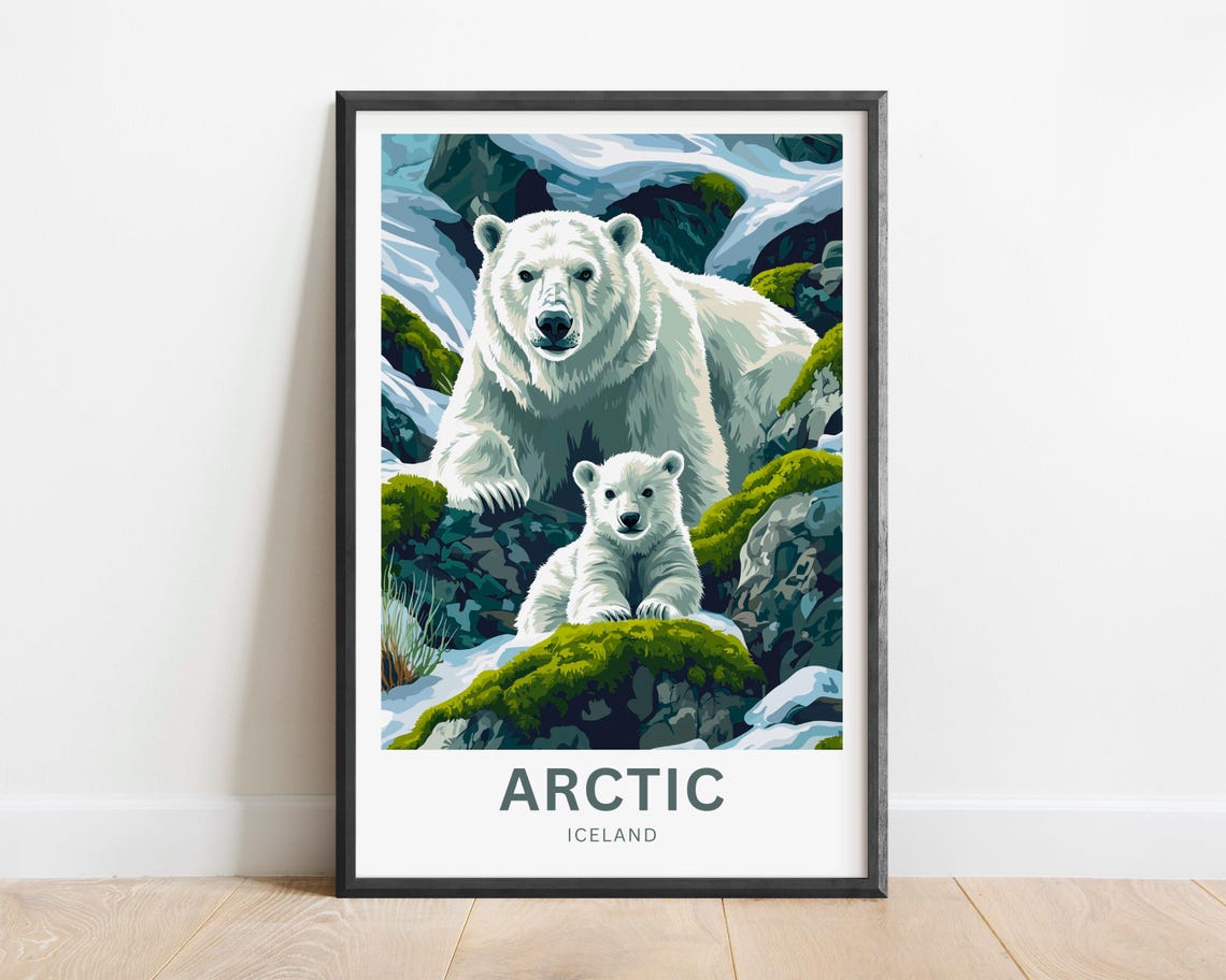 Personalized Arctic Iceland Polar Bear and Cub on Snowy Rocks Poster - Image 2