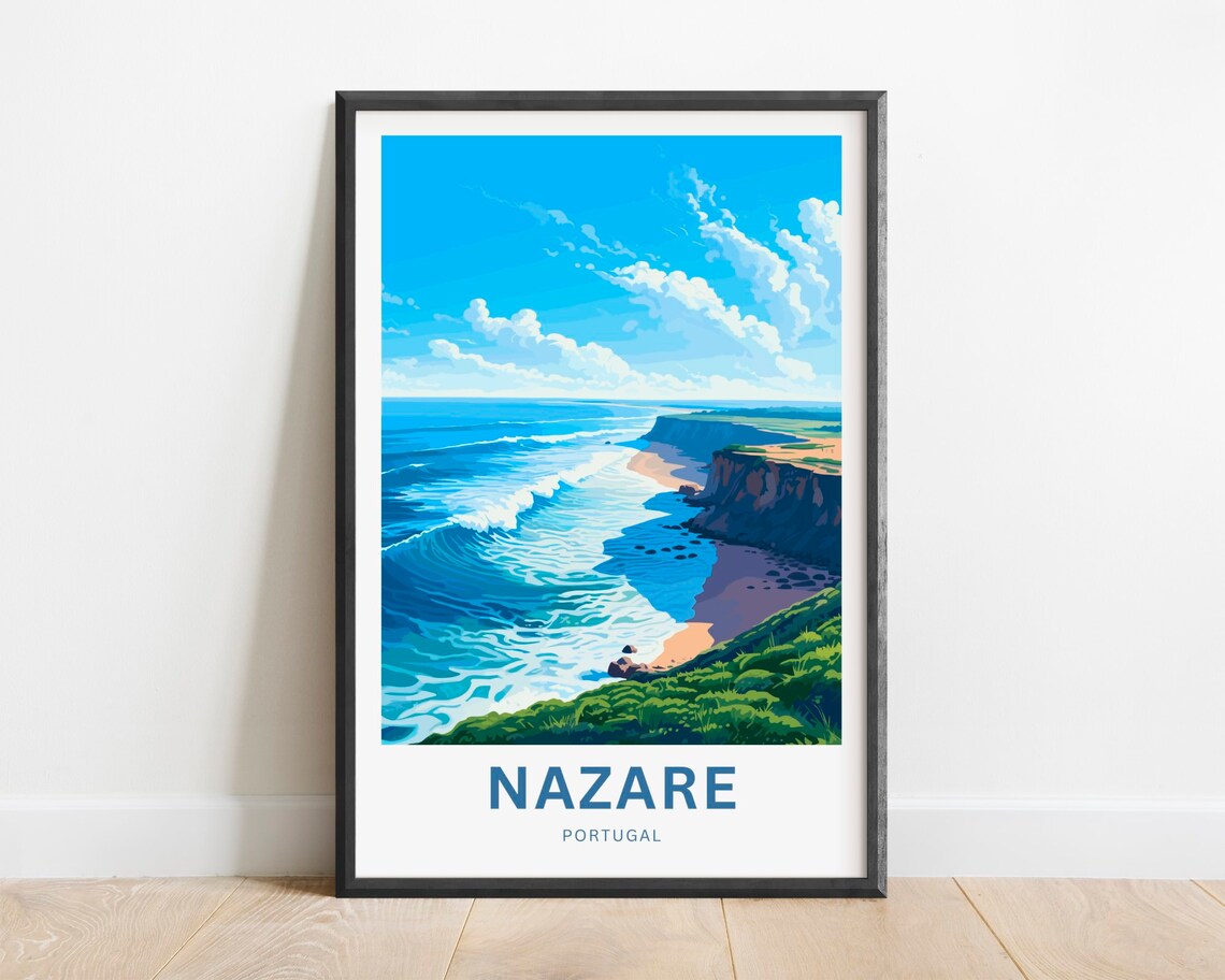 Nazare Portugal Giant Waves Green Cliff Shoreline Scene Poster