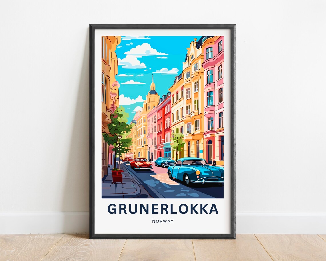 Grunerlokka Norway Pastel Pink Street Classic Cars Retro Travel Poster