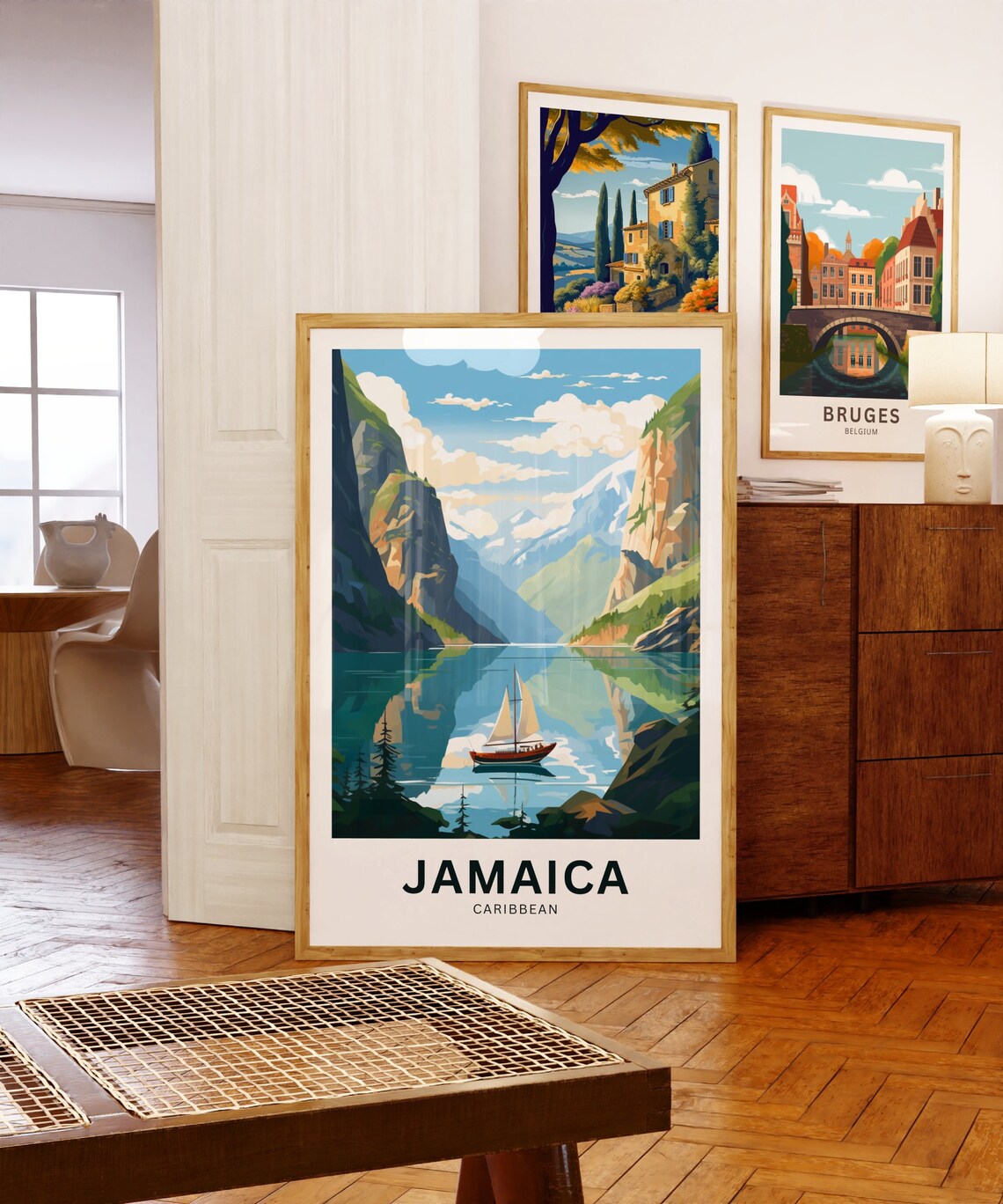Jamaica Caribbean Sailboat on Glassy Mountain Lake Retro Travel Poster - Image 5