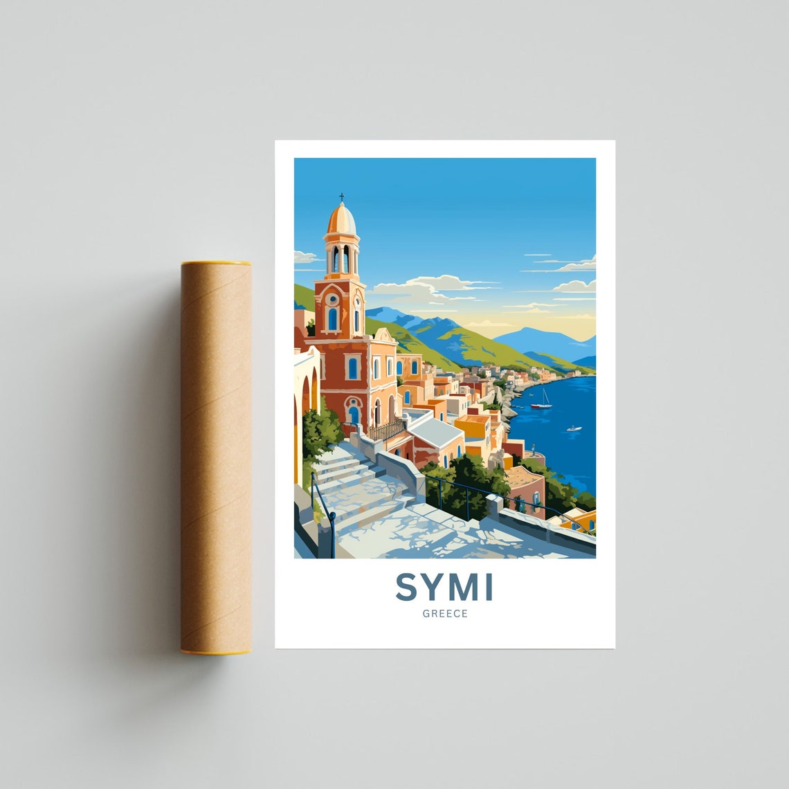 Symi Greece Custom Name Harbor Town Steps Church Tower Poster - Image 4
