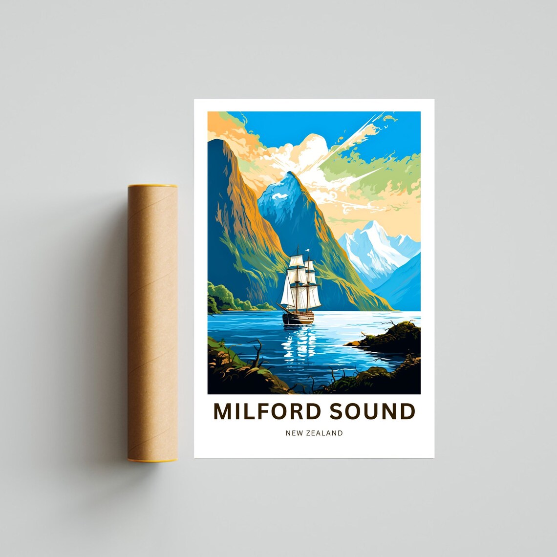 Milford Sound New Zealand Tall Ship Orange Peak Custom Travel Poster - Image 4