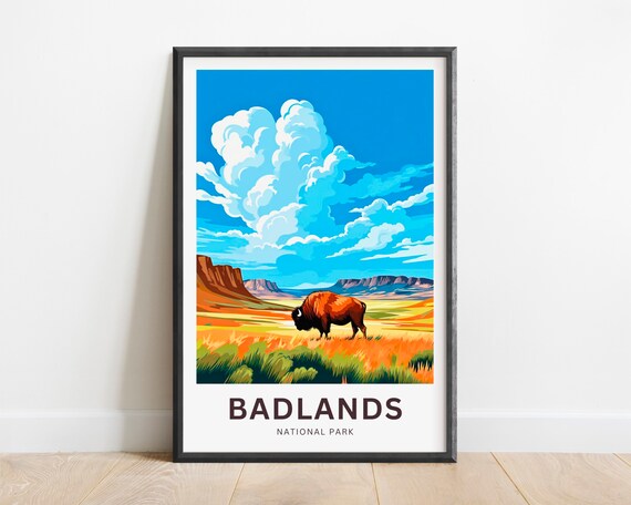 Badlands National Park Bison Grazing Prairie Retro Travel Poster