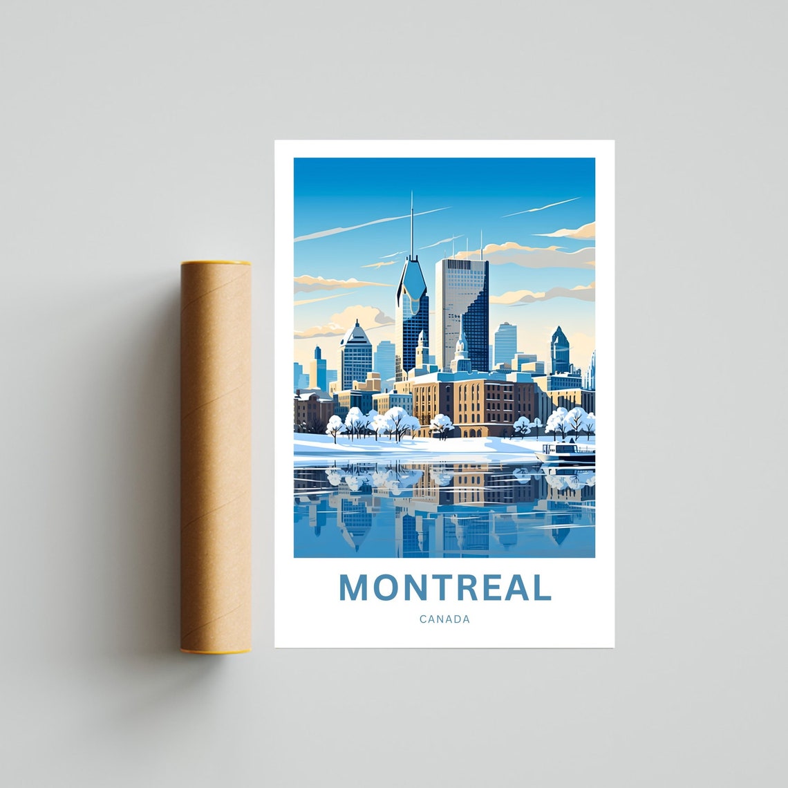 Montreal Canada Snowy Winter Skyline Reflected In River Water Poster - Image 4
