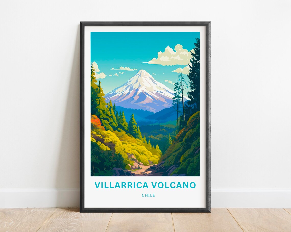 Villarrica Volcano Travel Poster, Chile Landscape