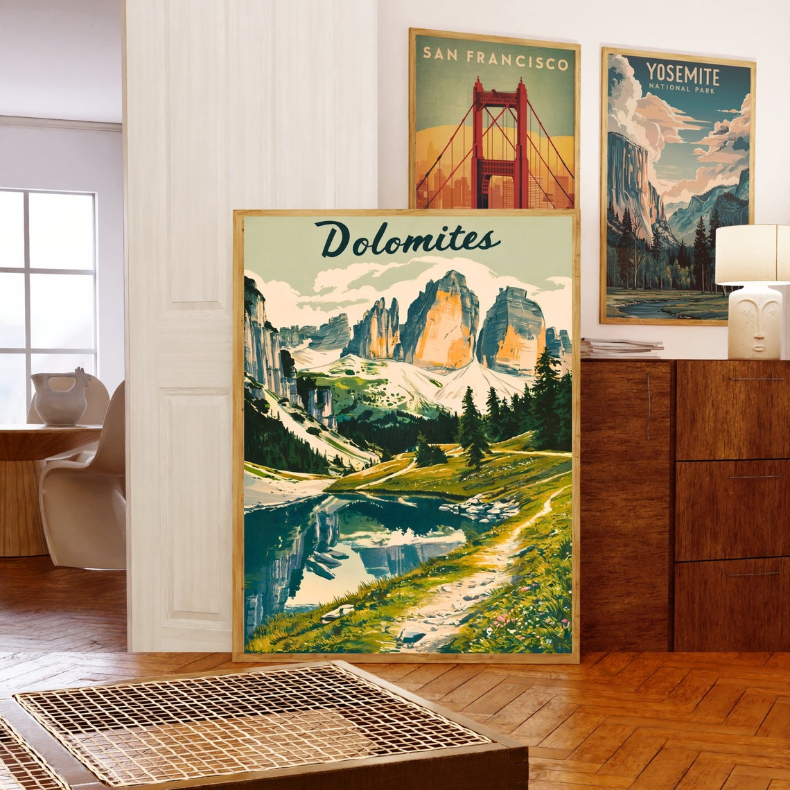 Dolomites Vintage Style Retro Mountain Lake Reflection Poster - Image 5