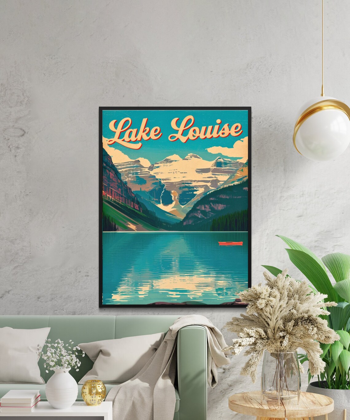 Lake Louise Red Canoe Turquoise Lake Glacier Peaks Vintage Poster - Image 2