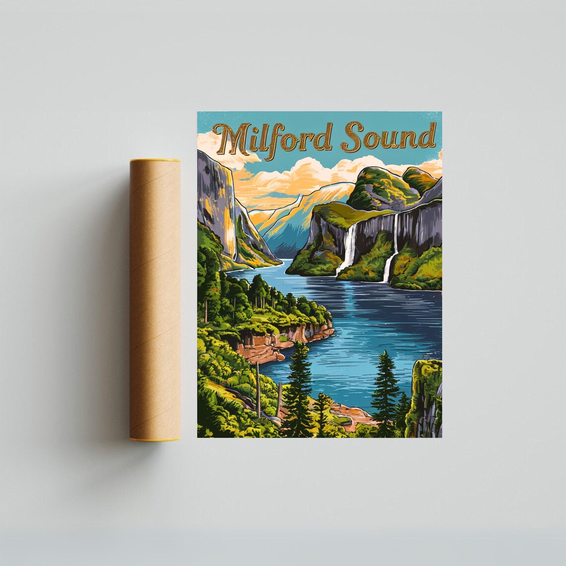 Milford Sound New Zealand Fjord Waterfall Teal Vintage Travel Poster - Image 3