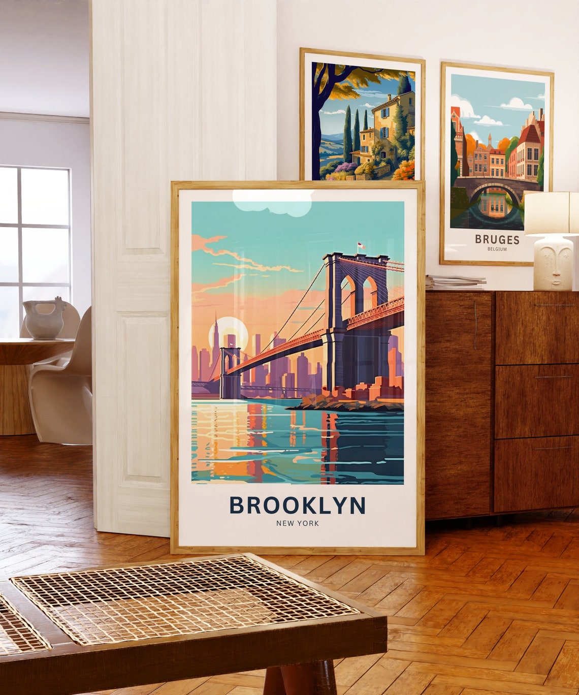 Brooklyn New York Sunset Bridge Skyline Reflection Travel Poster - Image 5