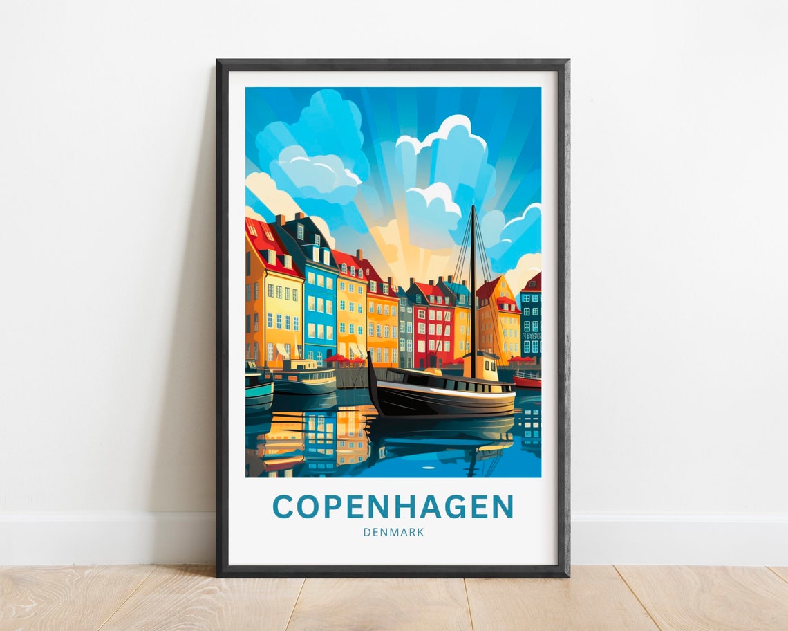 Copenhagen Denmark Nyhavn Harbor Sunshine Waterfront Travel Poster