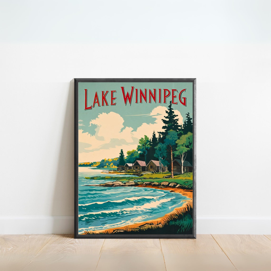 Lake Winnipeg Canada Vintage Cabin Shore Retro Travel Poster