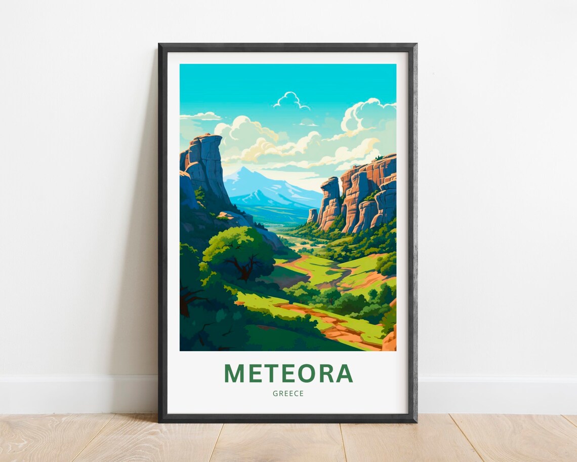 Meteora Greece Rock Pillars Green Valley Scenic Travel Poster