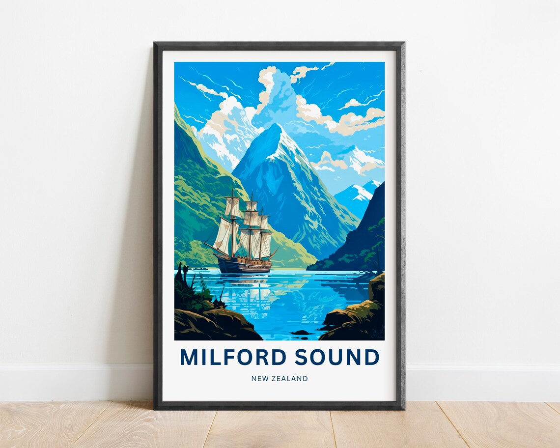 Milford Sound New Zealand Tall Ship Green Hills Mountain Travel Poster