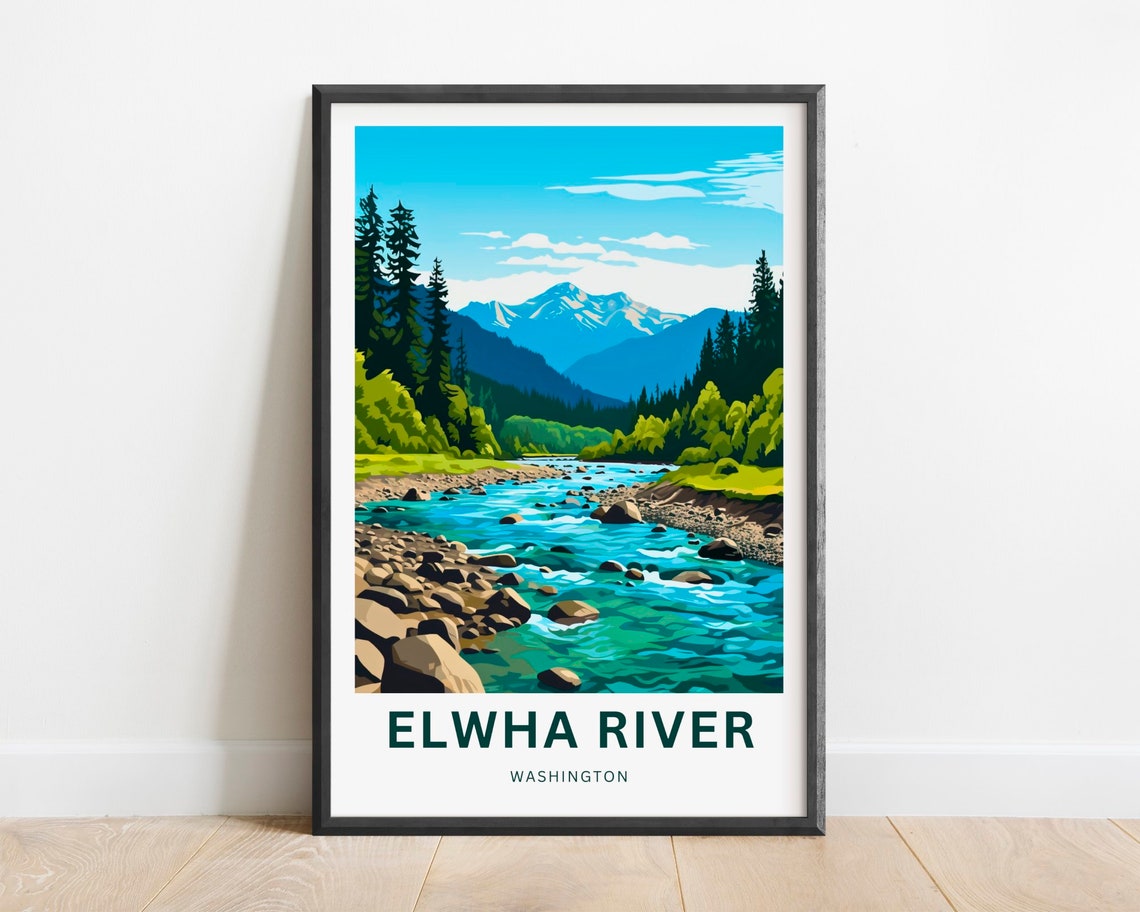 Elwha River Washington Turquoise River Rocky Shore Peaks Travel Poster