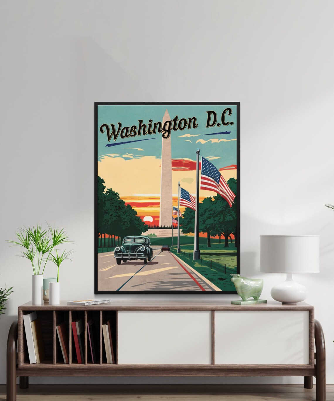Washington DC Vintage Monument Flags Classic Car Sunset Travel Poster - Image 2