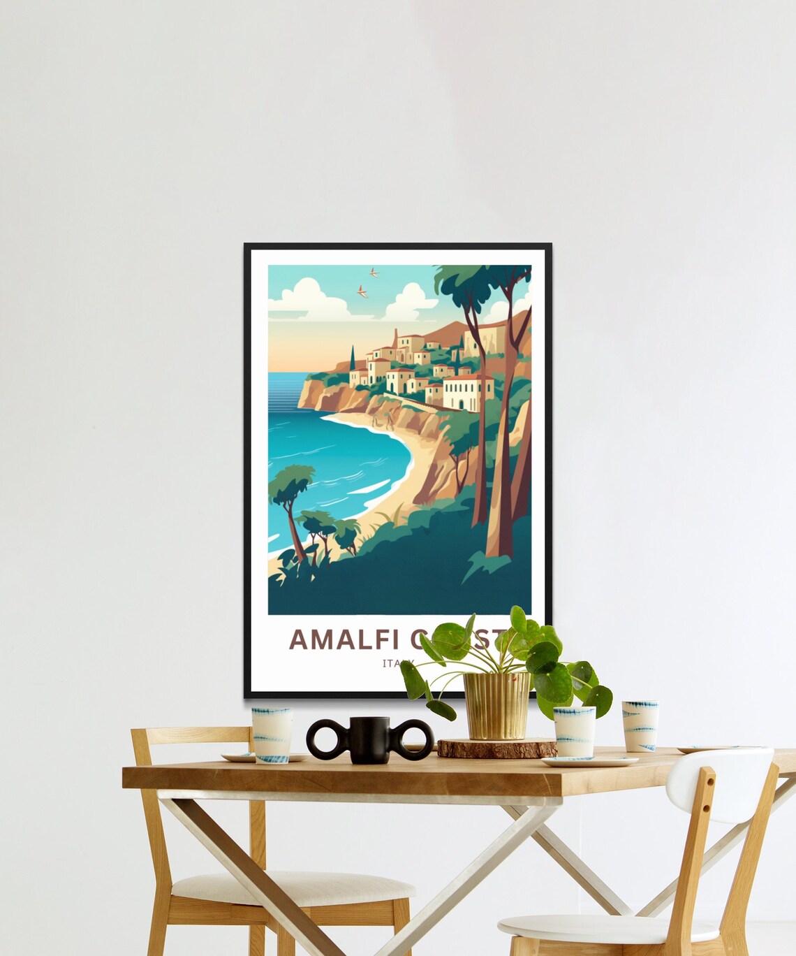 Amalfi Coast Italy Cliffside Village Beach Cove Pines Travel Poster - Image 4