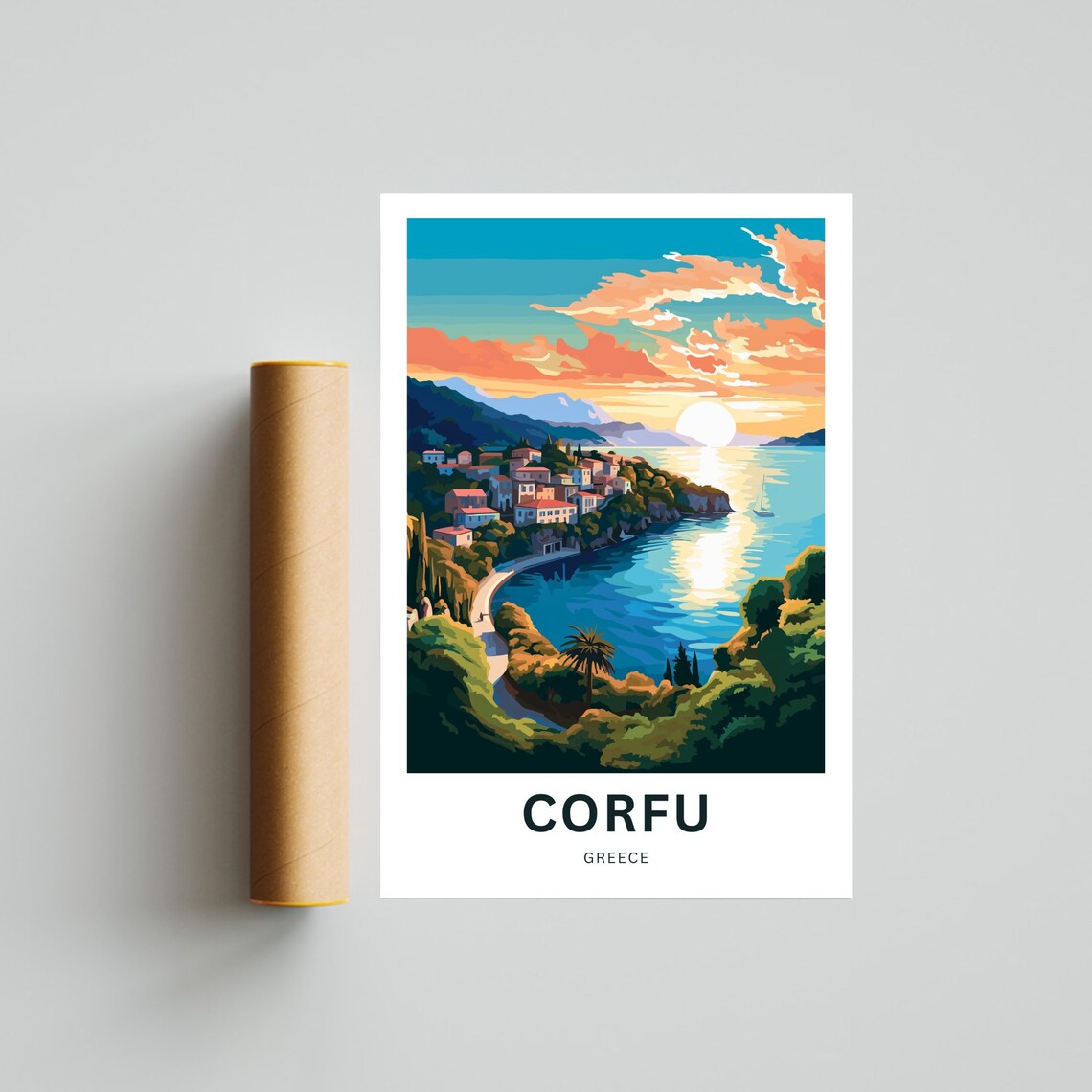 Corfu Greece Seaside Village Sunset Bay Vintage Travel Poster - Image 4