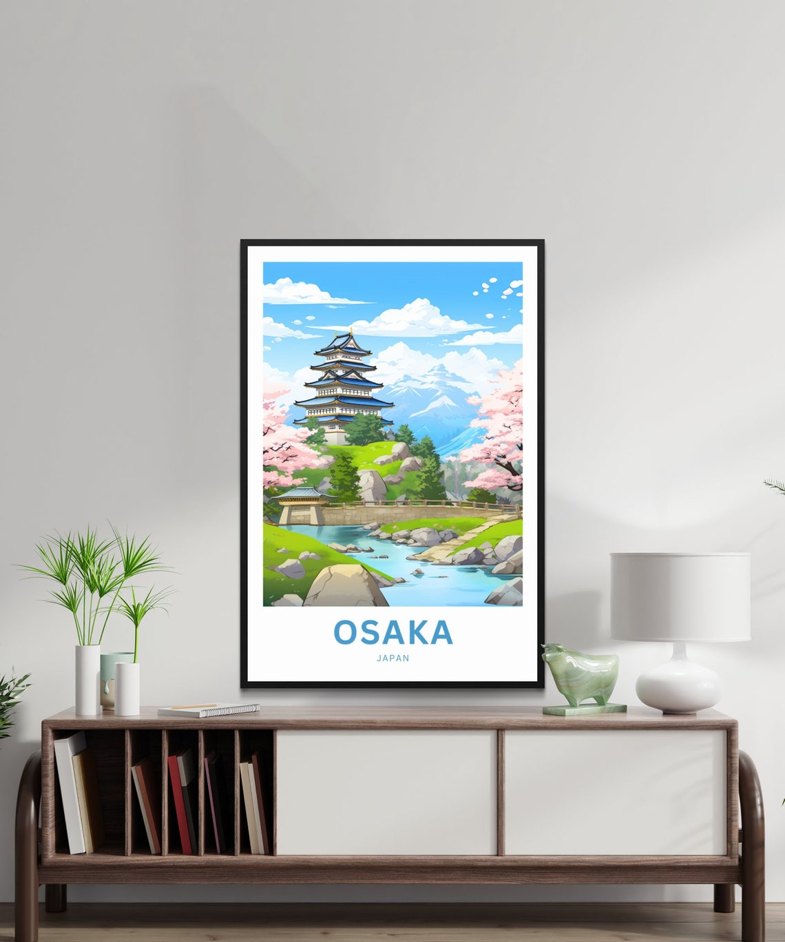 Osaka Japan Castle Hill Cherry Blossom River Bridge Travel Poster Art - Image 2
