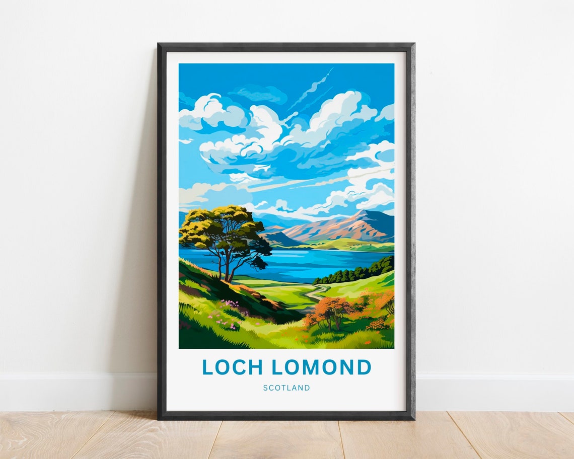 Loch Lomond Scotland Tree on Green Hill Over Blue Loch Poster