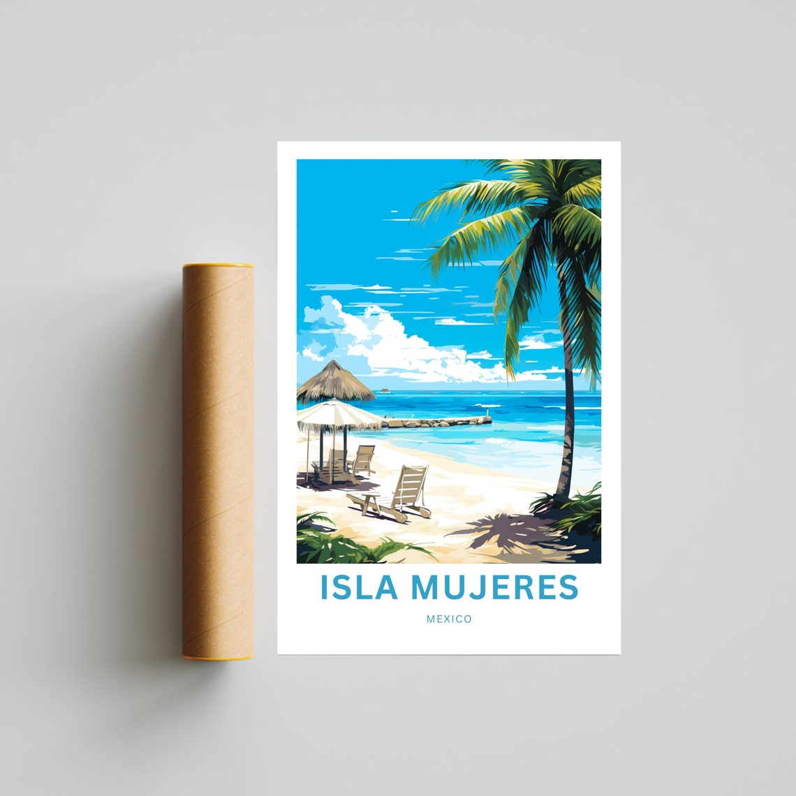 Isla Mujeres Mexico Tropical Beach Palapa Chairs Palms Scene Poster - Image 5