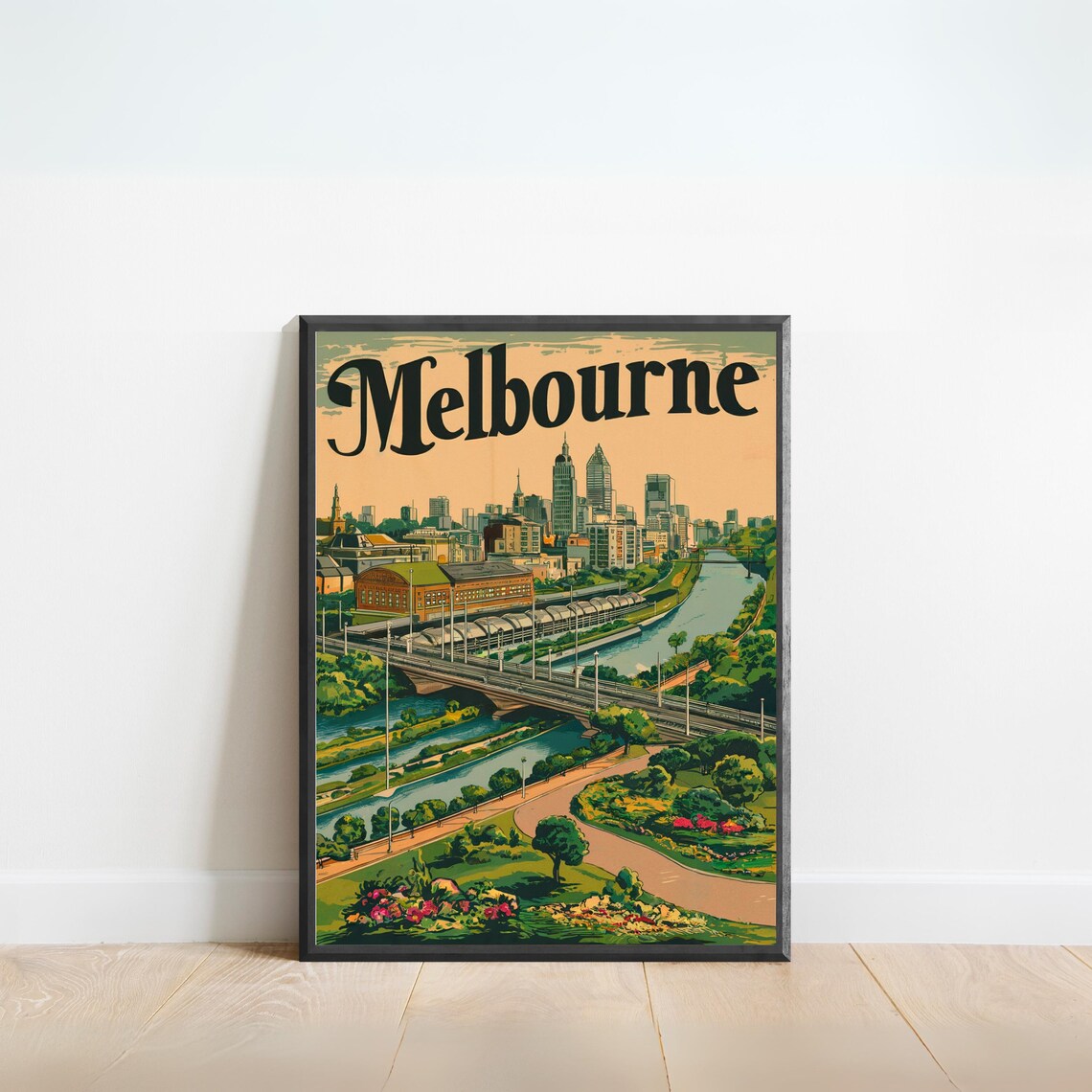 Melbourne Australia Skyline River Garden Vintage Travel Poster