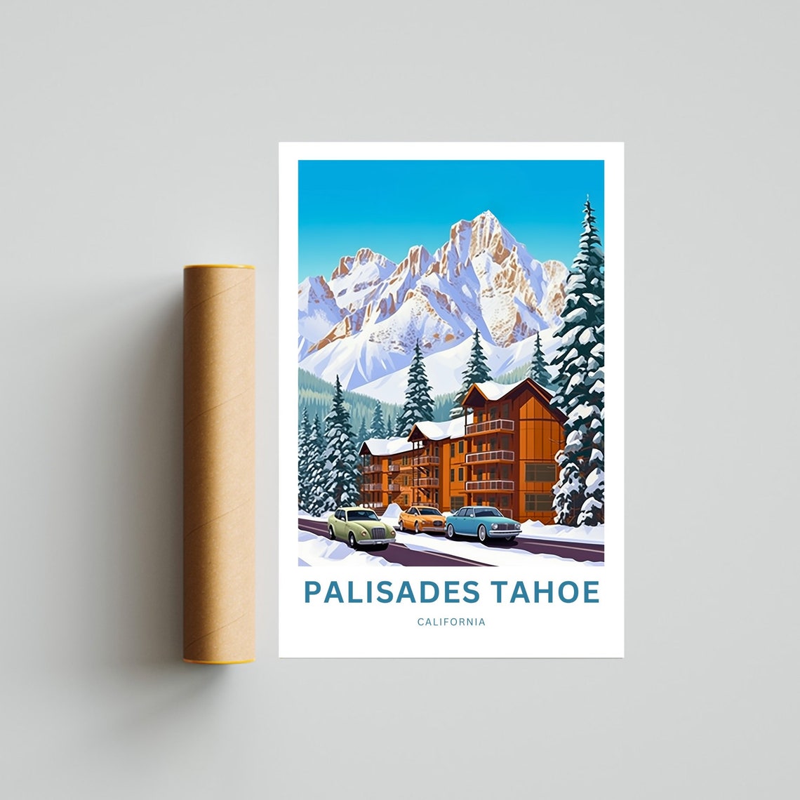 Palisades Tahoe Snowy Mountain Lodge Classic Cars Ski Poster - Image 4