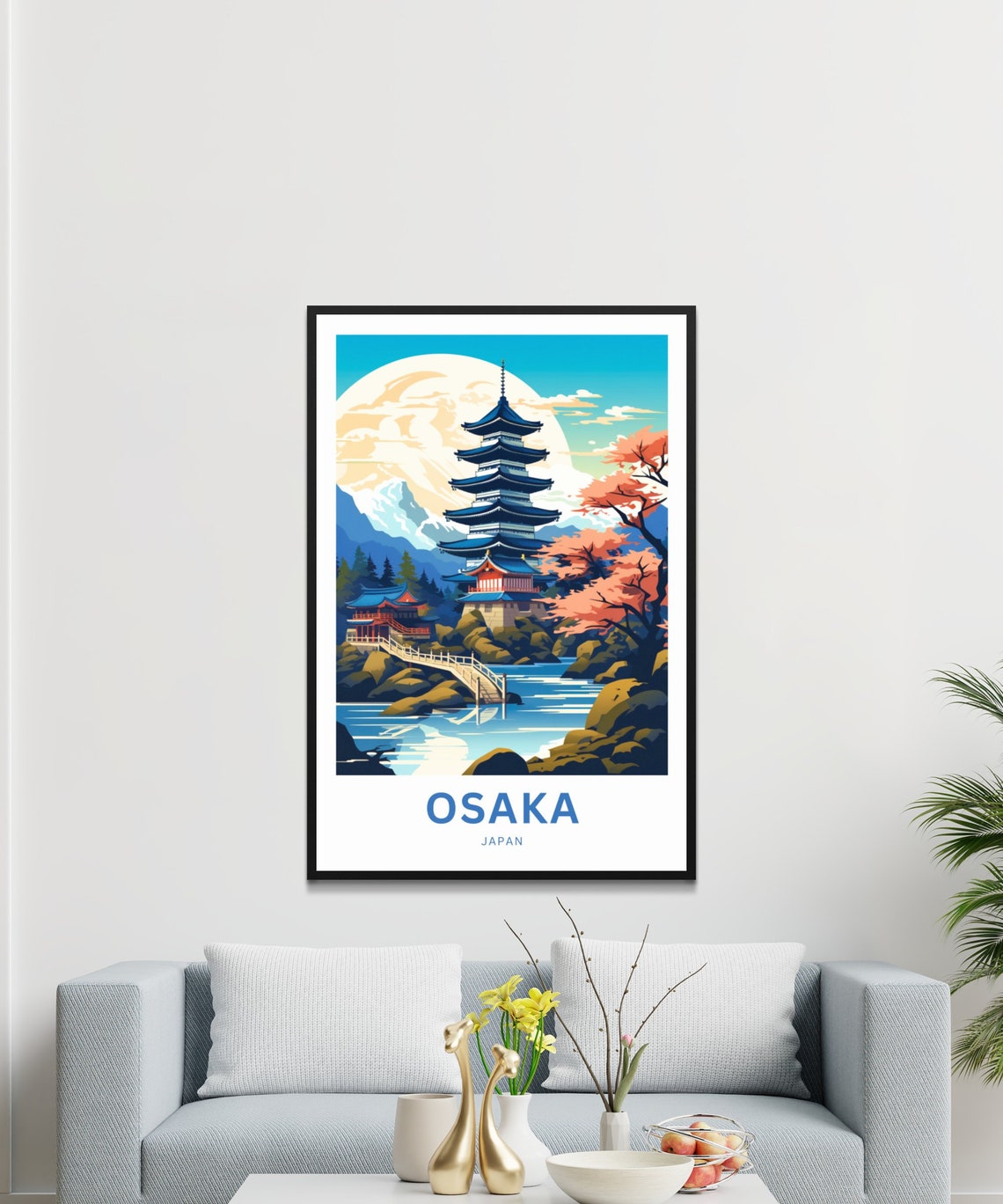 Osaka Japan Five Story Pagoda Cherry Blossom Moonlight Travel Poster - Image 3