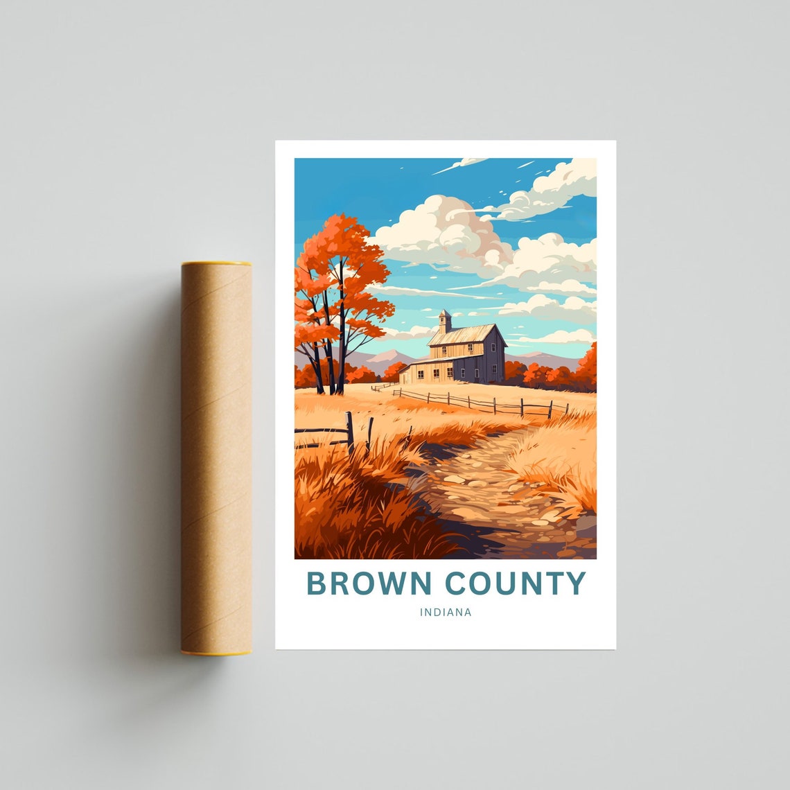 Brown County Indiana Autumn Barn Orange Trees Dirt Road Travel Poster - Image 4