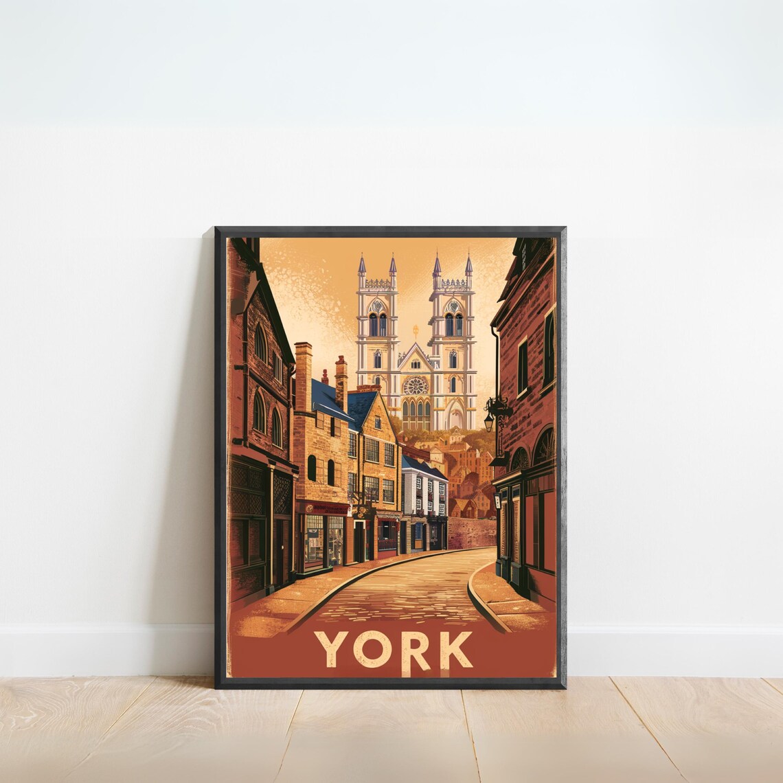 York England Minster Twin Towers Cobblestone Street Poster Art