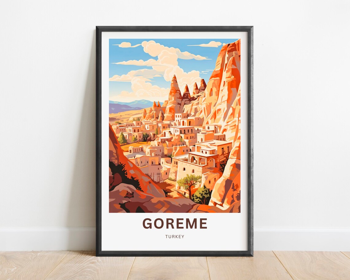 Goreme Turkey Travel Poster Cappadocia Cave Houses Valley Town View