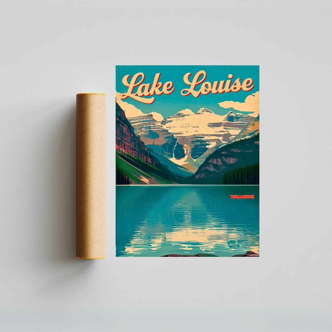 Lake Louise Red Canoe Turquoise Lake Glacier Peaks Vintage Poster - Image 3