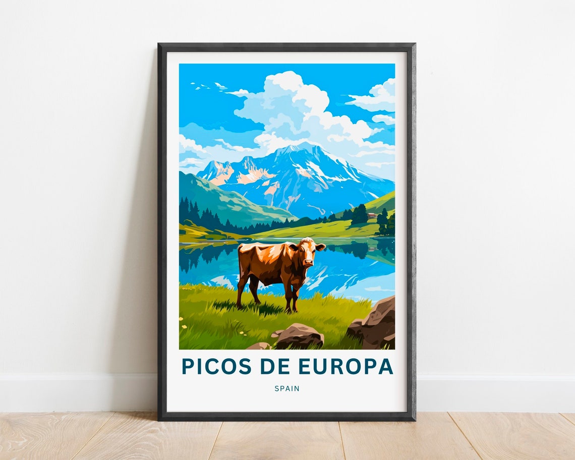Picos De Europa Spain Alpine Cow And Mountain Lake Travel Poster