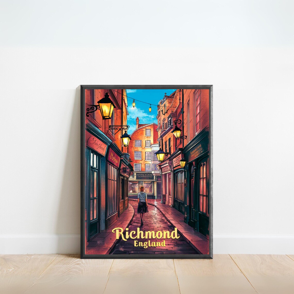 Richmond England Old Lantern Lane Cobblestone Street Art Travel Poster