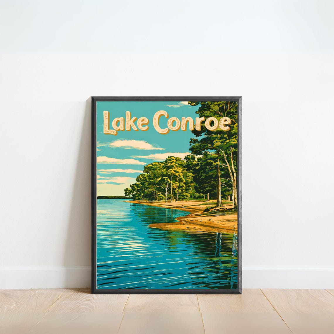 Lake Conroe Texas Travel Poster Curved Sandy Shore Pine Forest Art