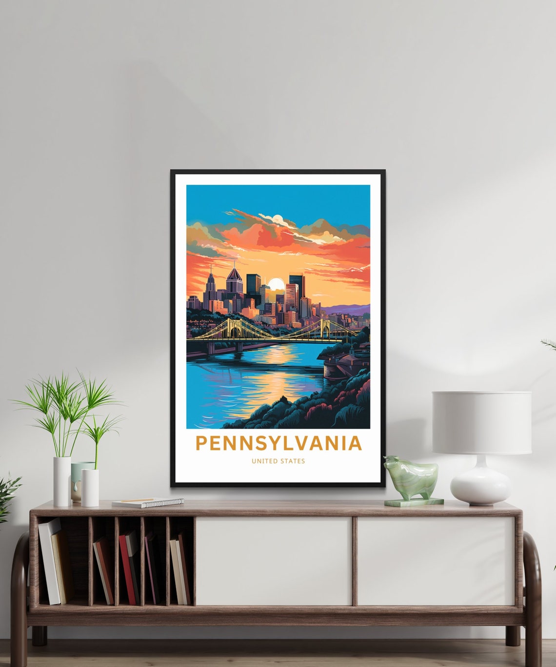 Pennsylvania Pittsburgh Skyline Bridges Sunset River Travel Poster - Image 2