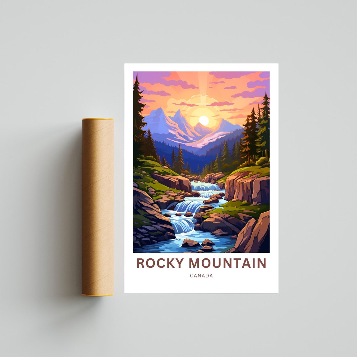 Personalized Rocky Mountain Canada Sunset Waterfall Travel Poster - Image 4